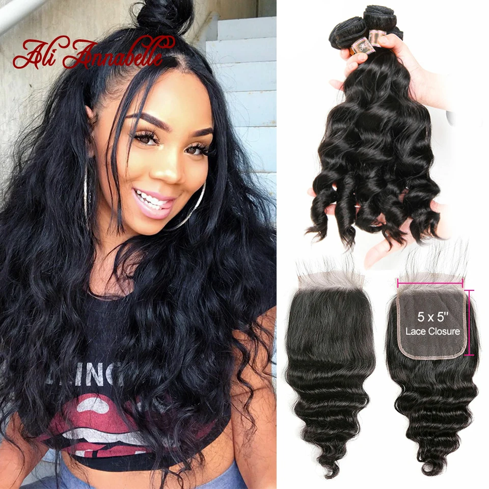

Loose Wave Bundles With Closure Remy Human Hair Weave Bundles With Closure Brazilian 3 Bundles With 5*5 Swiss Lace Closure