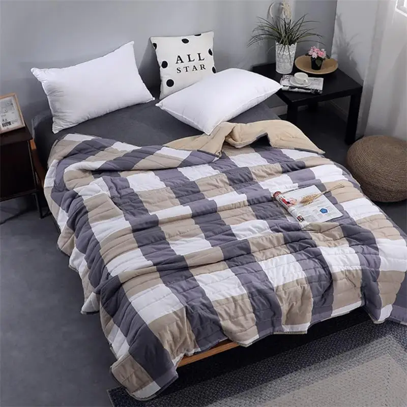 Summer Cotton Blend Quilt Quilted Soft Breathable Air Condition Quilts Blanket Thin Stripe Plaid Comfortfer Bed Cover Bedding