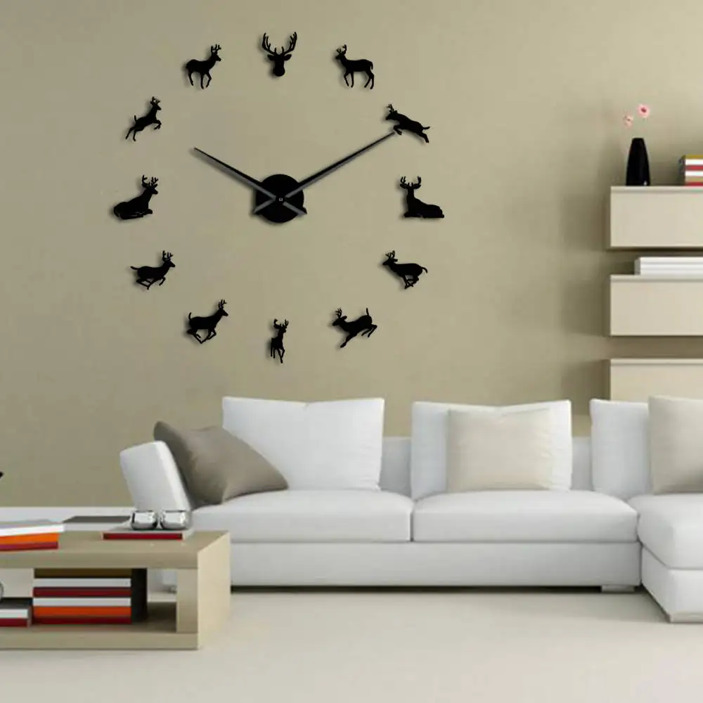 Online Deer Head DIY Giant Wall Clock Woodland Deer Hunter Modern Deer Antler Wall Clock Acrylic Mirror Effect Animals Home Decorations