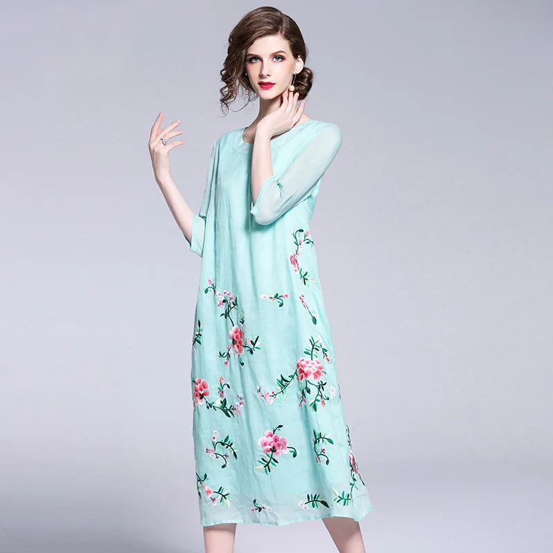 

Fashion brand spring, summer and autumn women's clothing European and American fashion embroidery cotton and linen dress women