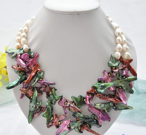 

FREE SHIPPING>>>@@ AS4385 2row 20" multicolor BAROQUE cross white ROUND PEARL NECKLACE