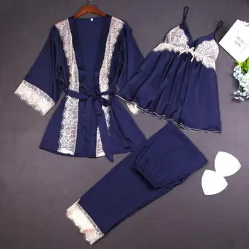 

Spring New Women 3 Pieces Sleepwear Rayon Cami+Pants+Robe Sleep Set Lace Trim Sexy Pajamas Pijama Suit Leisure Nightwear M-XL