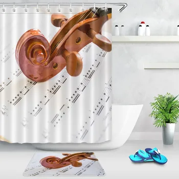 

LB Any Size Wood Violin Tabs Note Music Shower Curtain with Mat Set Bathroom Waterproof Polyester Fabric For Kids Bathtub Decor