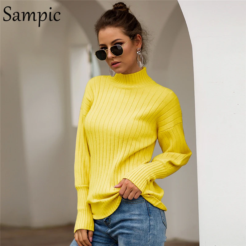 

Sampic women casual yellow knitted winter sweater turtleneck long sleeve oversized sweater and pullovers 2019