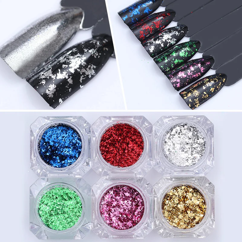 

1BOX Aluminum Nail Flakes Sequins Mirror Powder Magic Glitters Gold Silver Colors Irregular Pigment Dust Nail Art DIY Decoration