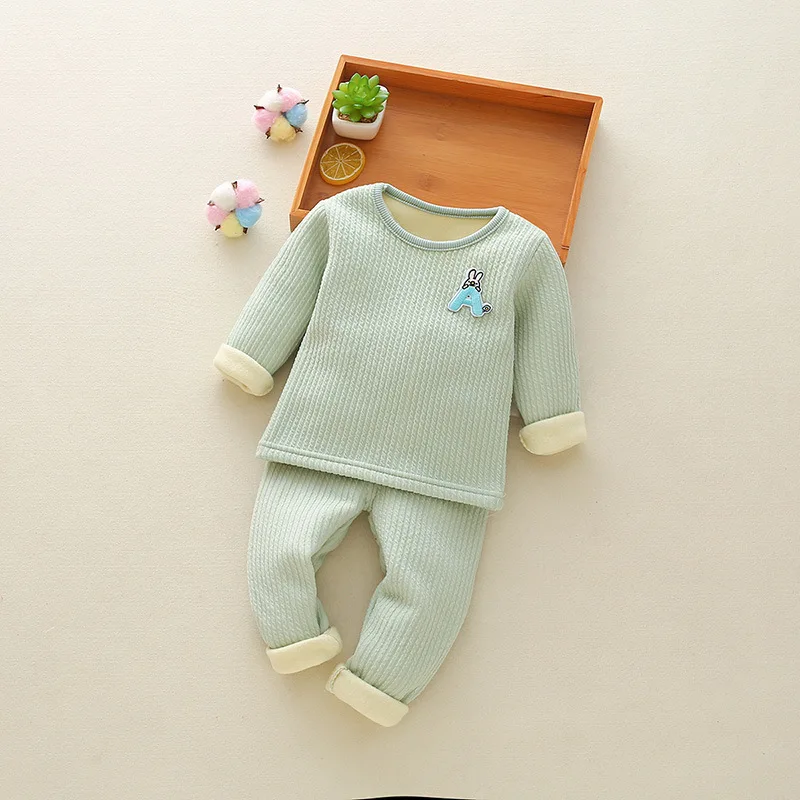 pale green Модный хлопковый весенне-осенний комплект одежды для маленьких девочек, теплый костюм для маленьких девочек Детская бархатная одежда для младенцев - Color: pale green