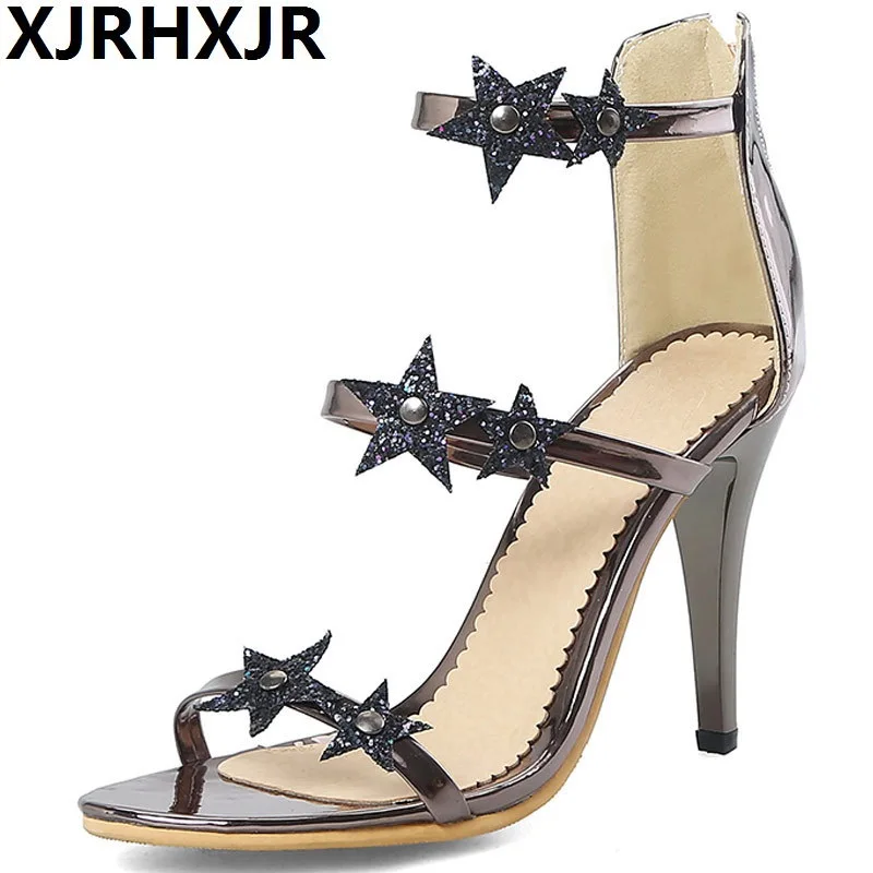 

XJRHXJR New Design Bling Bling Silver Gold Rhinestone Five-pointed Stars Decorated Three Straps Gladiator Sandals High Heels