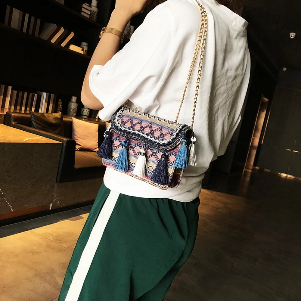 Винтаж Для женщин ткачество кисточкой сумка Сумка Crossbody Пляжная Дизайнерские