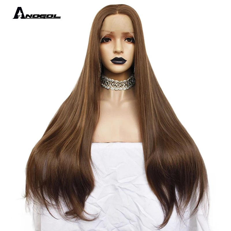 Anogol 2# Dark Brown Natural Wave Straight Wigs For Women Heat Resistant High Temperature Fiber Synthetic Lace Front Wig 30"
