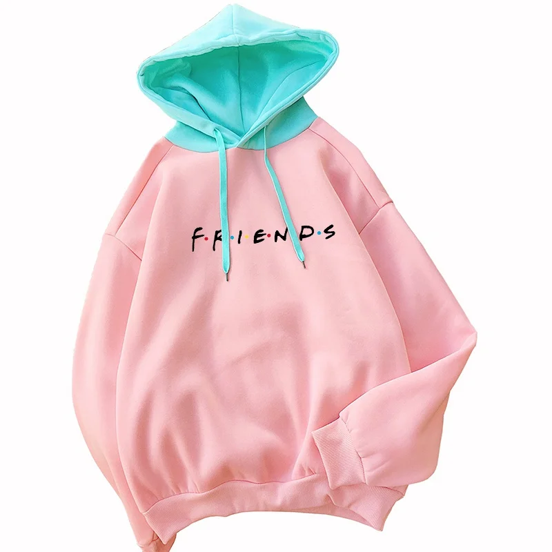 

Harajuku Kpop Sweatshirt Fleece Antumn Winter Hoodie Friends TV Show Women Long Sleeve Spell Color Stitching Raglan Warm Hooded