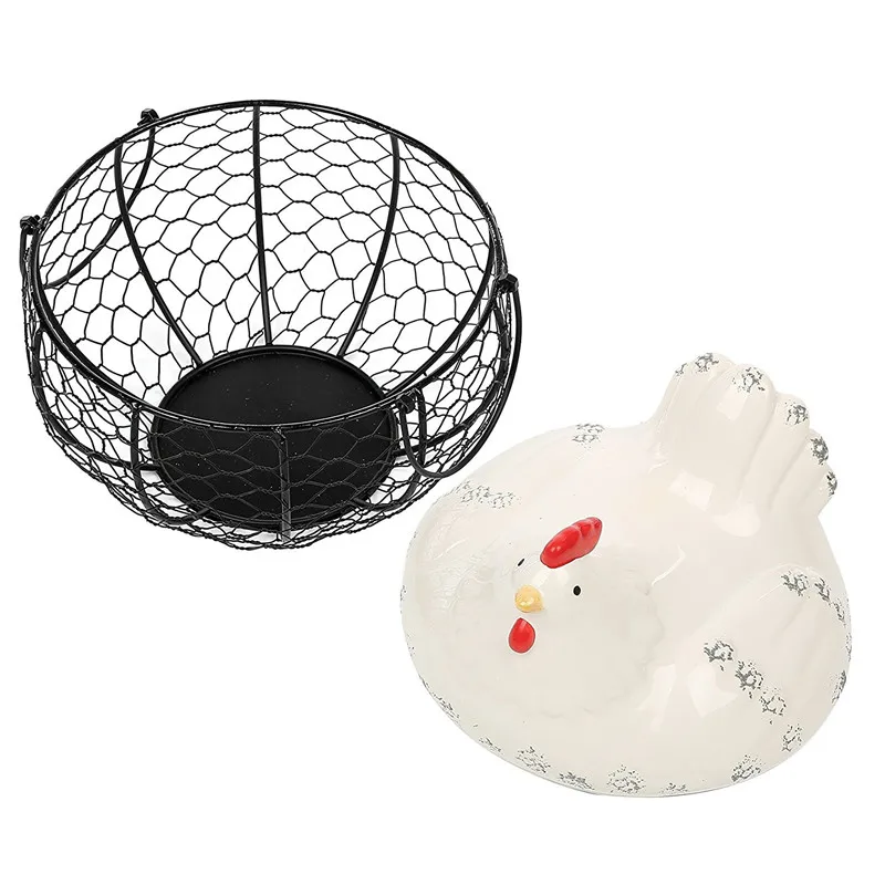 Metal Negro Malla de alambre Huevo Almacenamiento Cesta con blanco cerámica granja pollo parte superior y asas 