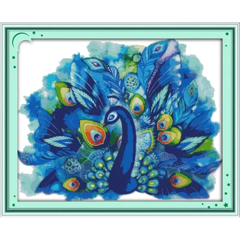 

Everlasting Love Blue Peacock (1) Chinese Cross Stitch Kits Ecological Cotton Stamped 14 11CT DIY New Year Decorations For Home