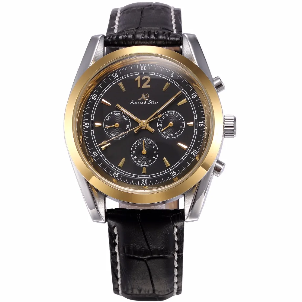 

KS Golden Stainless Steel Case Automatic Mechanical Movement Analog Leather Strap Men Self Winding Casual Watches / KS172