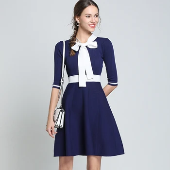 

Women Autumn Winter Mini Dresses Solid bow half Sleeve Sweater Dress Pullovers