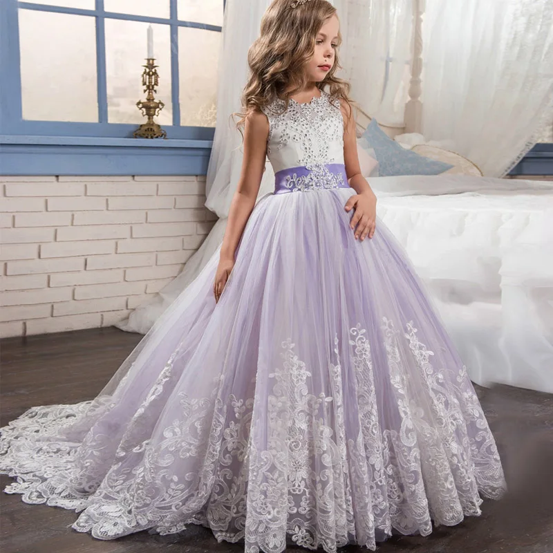 Для девочек в цветочек платье Большие банты платье Элегантное кружевное длинное платье без рукавов на свадьбу, платье для первого причастия для маленьких девочек, детские вечерние платья - Цвет: as picture