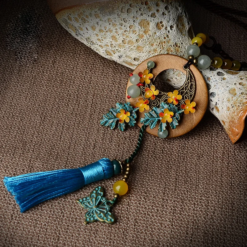 

Blue tassel pendants Fashion yellow nature stones vintage wood necklace ,New ethnic necklace Aventurine weater necklace