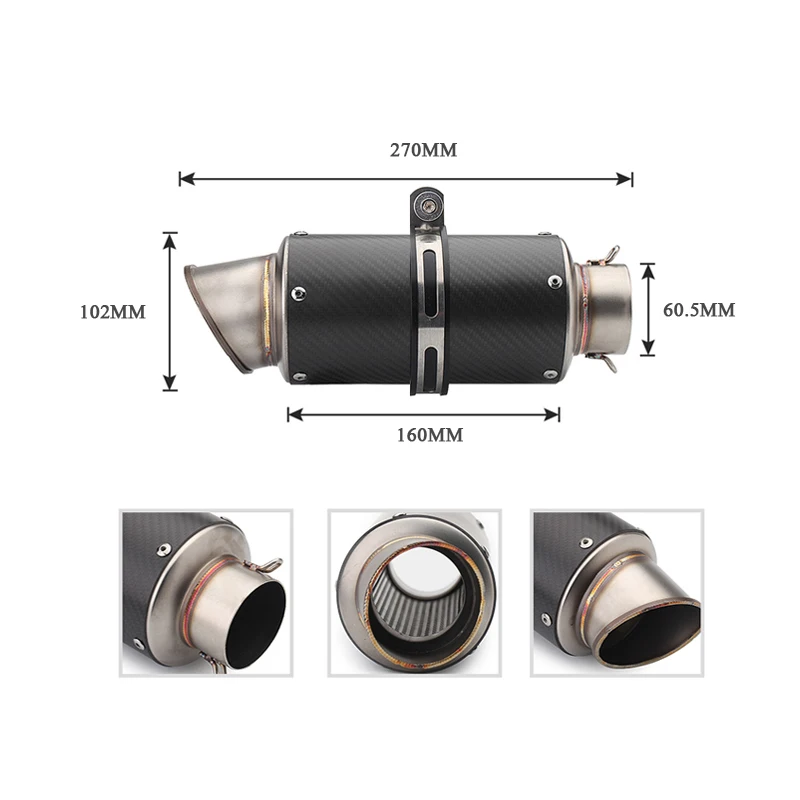 270mm/310mm/370mm/470mm Motorcycle Silencer System Tail Silp on for 60.5mm Motorbike Carbon Fiber Exhaust Muffler Pipe