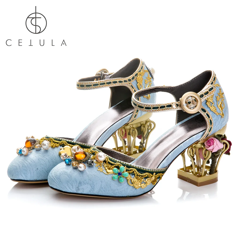 

Cetula 2018 Handcrafted Exotic Velvet Pearls&Gold Flowers Embroidered Women Evening/Wedding Dress Shoes ft. Fountain-like Heels