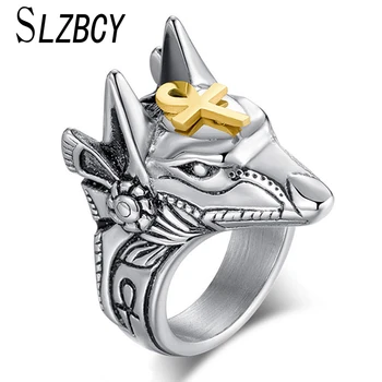 

SLZBCY Stainless Steel Egypt Cross Anubis God Finger Rings For Men Women Punk Wolf Head Knuckle Ring Statement Retro Jewelry