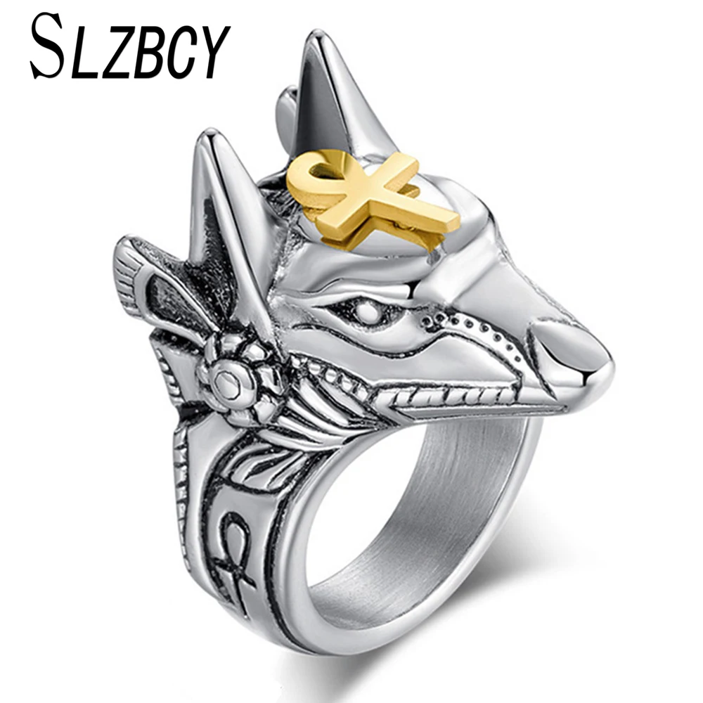 SLZBCY Stainless Steel Egypt Cross Anubis God Finger Rings For Men Women Punk Wolf Head Knuckle Ring Statement Retro Jewelry SLZBCY Stainless Steel Egypt Cross Anubis God Finger Rings For Men Women Punk Wolf Head Knuckle Ring Statement Retro Jewelry