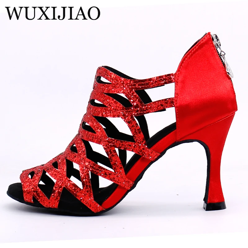 WUXIJIAO Latin dance shoes women waltz shoes Salsa ballroom dance shoes zapatos de baile latino mujer black red shoes for women