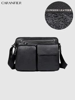 

CARANFIER Mens Travel Bags First layer Genuine Cowhide Cowhide Casual Shoulder Bags Waterproof Zipper Male Small Crossbody Bags