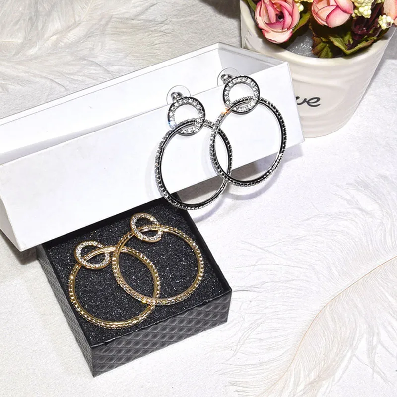 

2019 Simple Geometric Big Small Circle Drop Earrings For Women Fashion Statement Shiny Rhinestone Round Oorbellen Party Jewelry