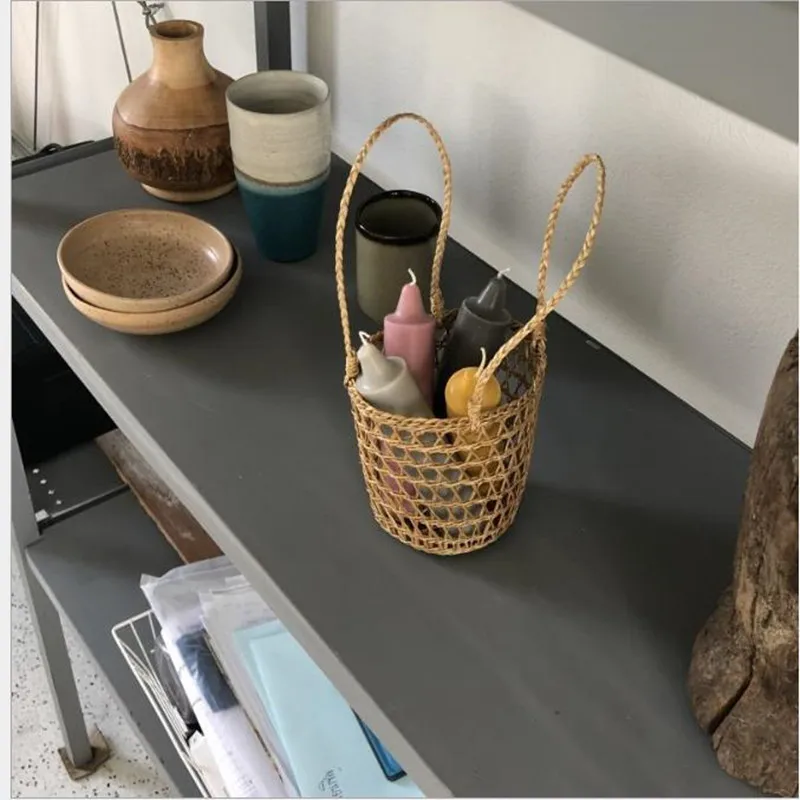 Cutelife 등나무 스토리지 짚 손으로 짠 휴대용 바구니 Ins 테이블 커피 컵 커버 메쉬 가방 웨딩 장식 꽃 바구니
