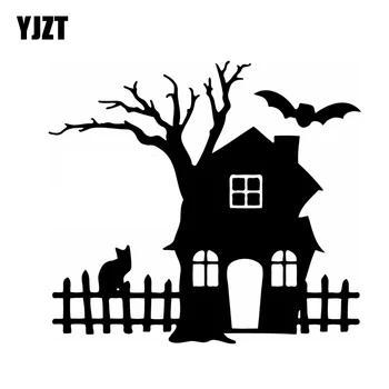 

YJZT 15.2CM*13.7CM SPOOKY HOUSE TREE CAR STICKER VINYL DECAL ART SCARY CAT BAT Black Silver C10-02434