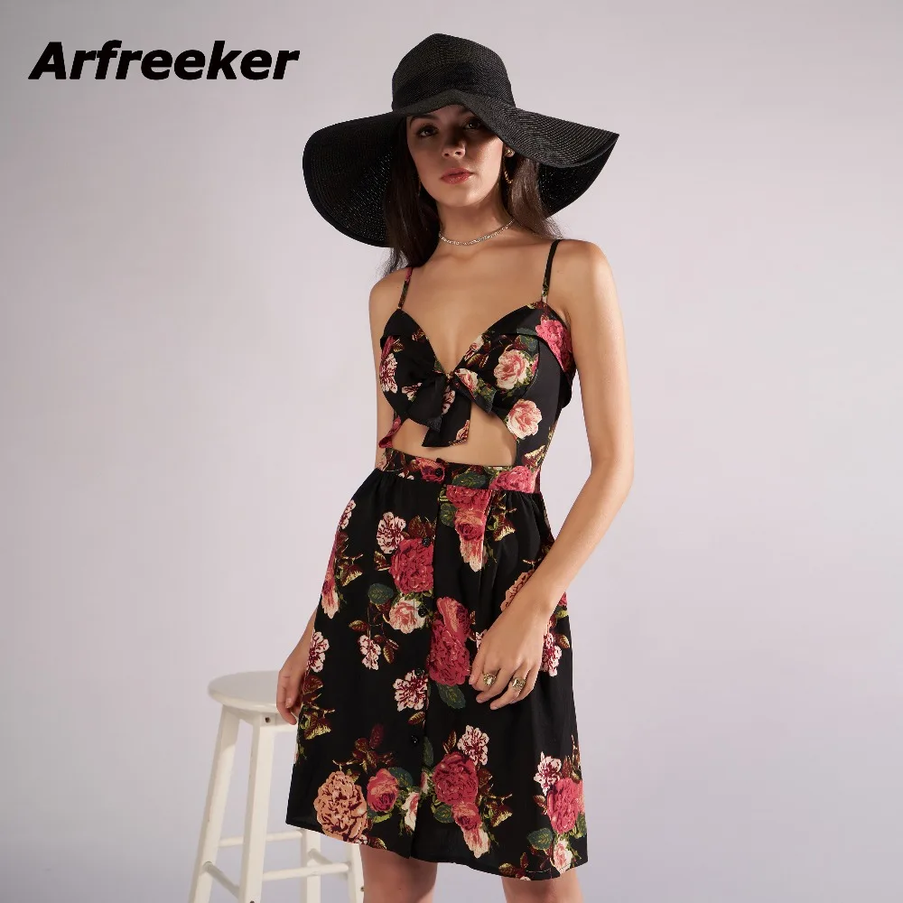 Arfreeker печати летнее платье для женские с бантиком Сексуальная Спагетти ремень