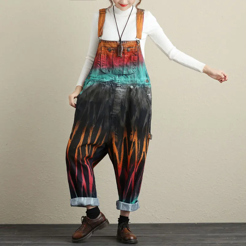 

summer spring woman jumpsuit wide pant Female Loose Multicolor print Denim Jumpsuit Adjustable strap Long Rompers Streetwear
