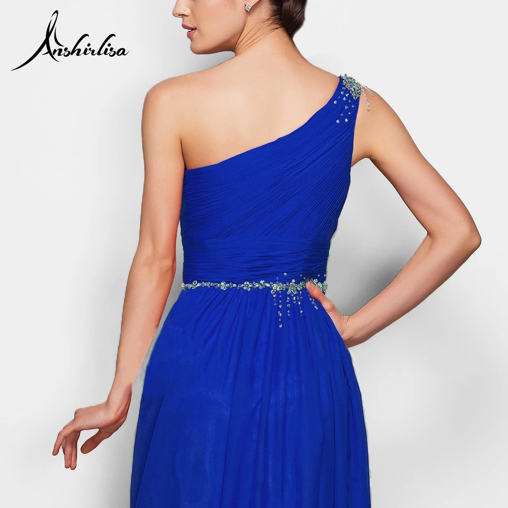 Anshirlisa Women's One Shoulder Beaded Pleated Chiffon Evening Dress Long Royal Blue Elegant A line Prom Gown for Formal Party