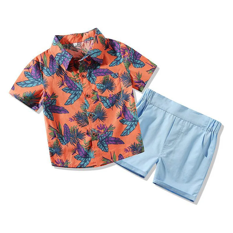 BINIDUCKLING/Европейский летний комплект одежды для маленьких мальчиков, рубашка с отложным воротником и принтом листьев+ шорты, комплект детской одежды - Color: Orange
