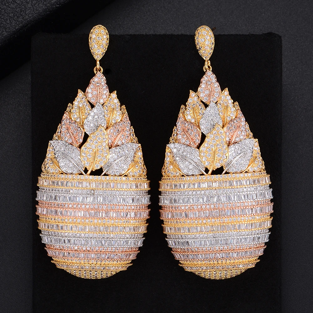

Fashion Three Tones Plant Leaves Geometry Cubic Zirconia Wedding Bridal Pierced Party Dangle Earrings Long Drop Earrings