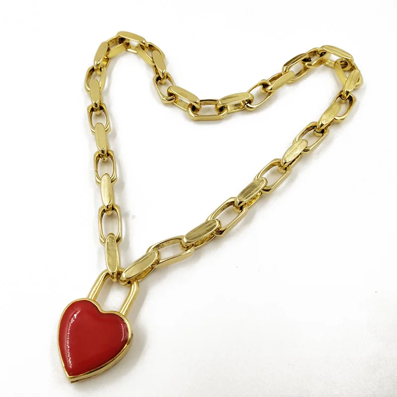 

New Women Vintage Red enamel Heart choker Necklace Gold Metal Chain necklace Pendant Romantic jewelry lovers Bijoux 2019