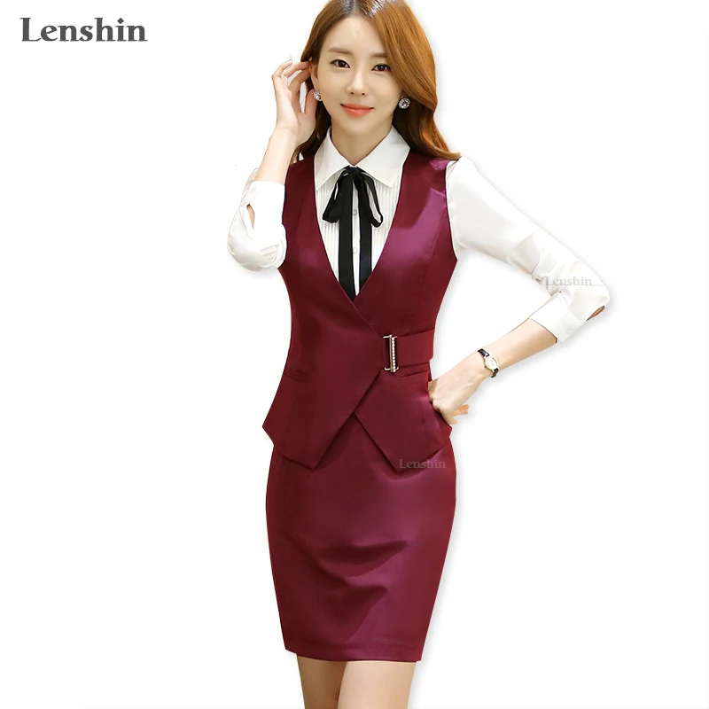 Lenshin 2 Piece Set Adjustable Waist Formal Waistcoat Belt veste Red vest women down coat jackets ladies business suit clothing