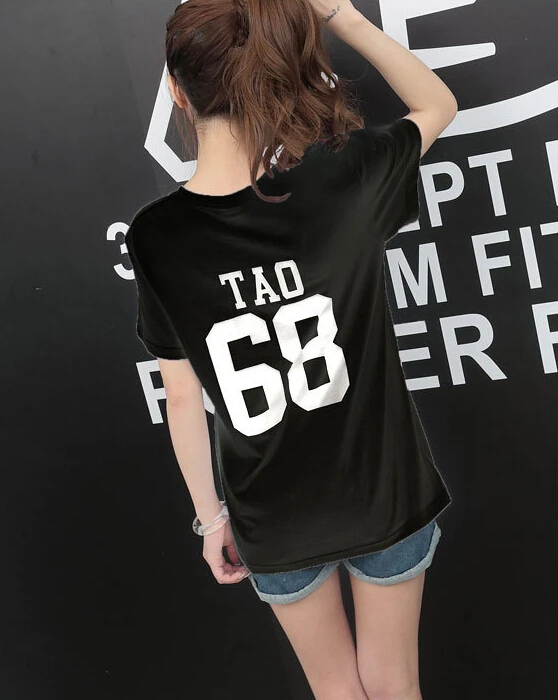 Летняя футболка с надписью Exo, женская футболка Харадзюку с круглым вырезом и коротким рукавом, женские топы, черная белая футболка, женская футболка