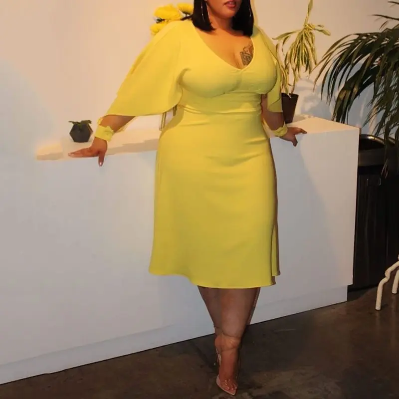 

New dress bright yellow plus size XL nine points sleeve A-Line V-neck party women's clothes summer dress 2019 for sexy ladies