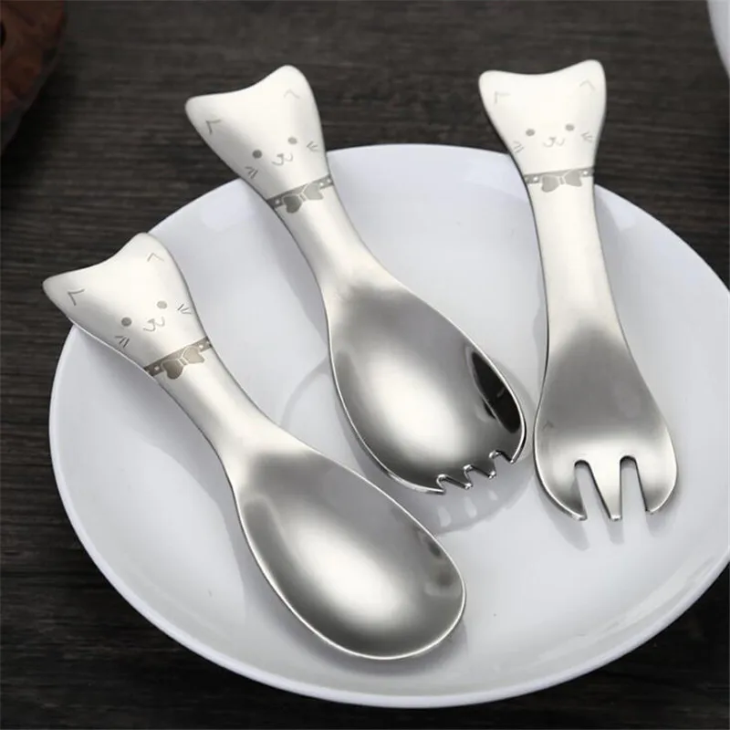 

Cute Cat Salad Fork Spoon Short Handle Stainless Steel Spoon Creative Cartoon Cat Ice Cream Dessert Spoon