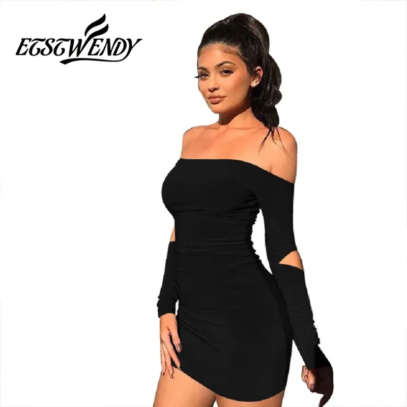 

New Arrivals Autumn 2019 Sexy Casual Women Dresses Slash Neck Hollow Out Long Sleeve Dress Slim Short Dress Solid Color Vestidos