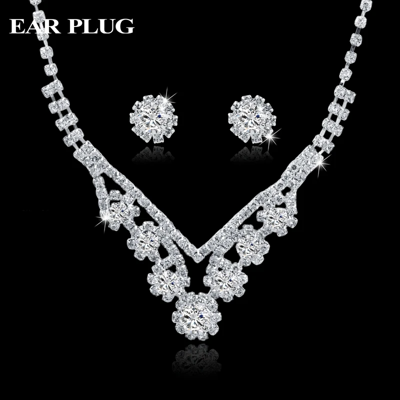 Nigerian Wedding African Beads Wedding Bridal Jewelry Sets For Women Classic Crystal Silver Plated Statement Necklaces Earrings