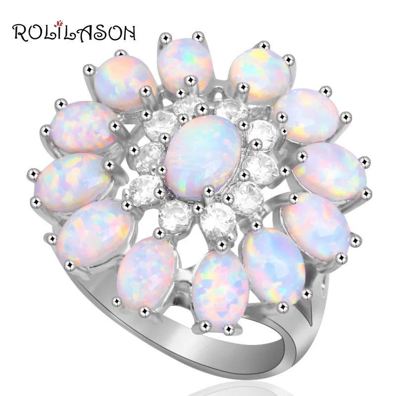 

ROLILASON Anniversary gift white Zircon white fire Opal Silver Stamped Rings USA Size #5#6#7#8#9#10 OR908