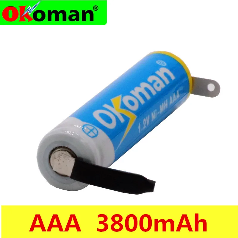 

Okoman 1.2V AAA rechargeable battery 3800mah AAA ni-mh cell with welding tabs pins flat top for toys cordless phone + DIY nickel