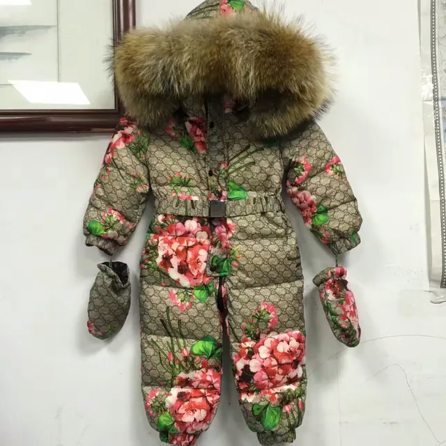 Best price at $135 Cheap 2016 Winter baby down coat Baby clothes print outerwear Fur Hooded children's Snowsuit down coats Newborn Child jumpsuit romper