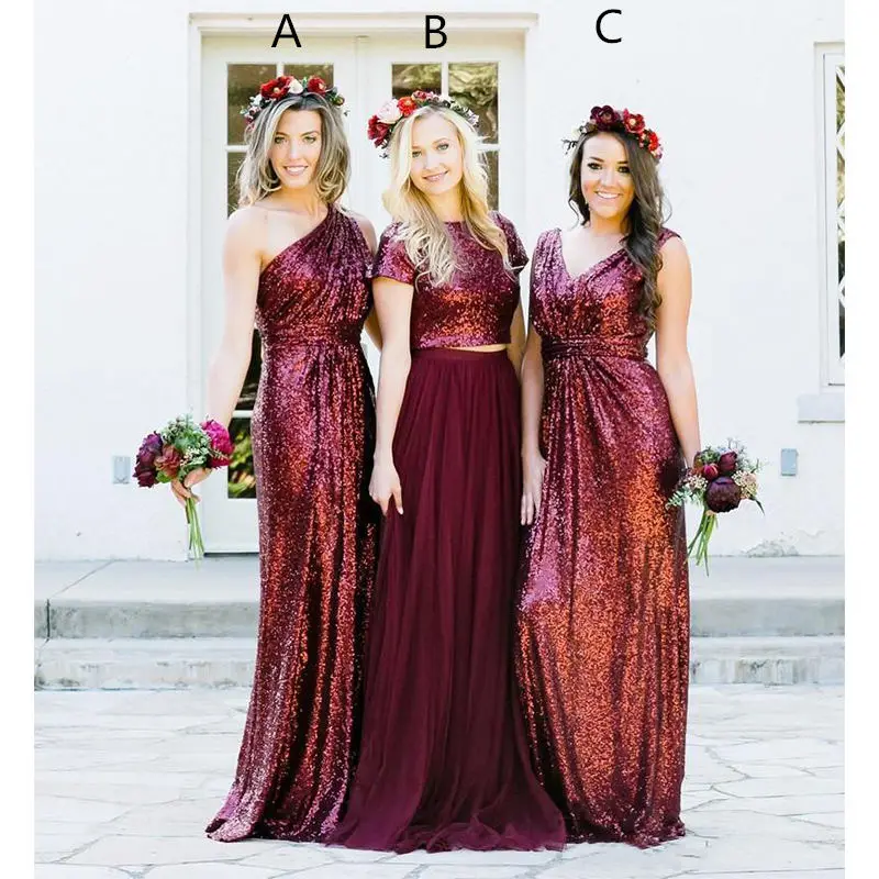 

Burgundy Sequins Bridesmaid Dresses Country Mixed Custom Made Wedding Party Guest Gown Two Pieces Junior Maid of Honor Dress