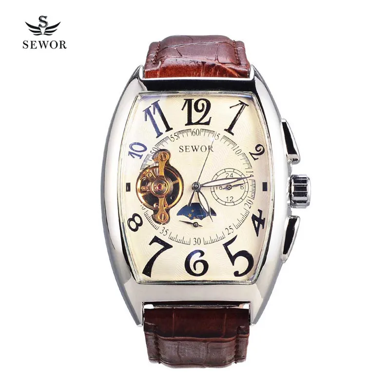 

SEWOR Waterproof Business Tourbillon Men's Leather Watch relogio masculino moon phase Automatic Mechanical Wristwatches 48