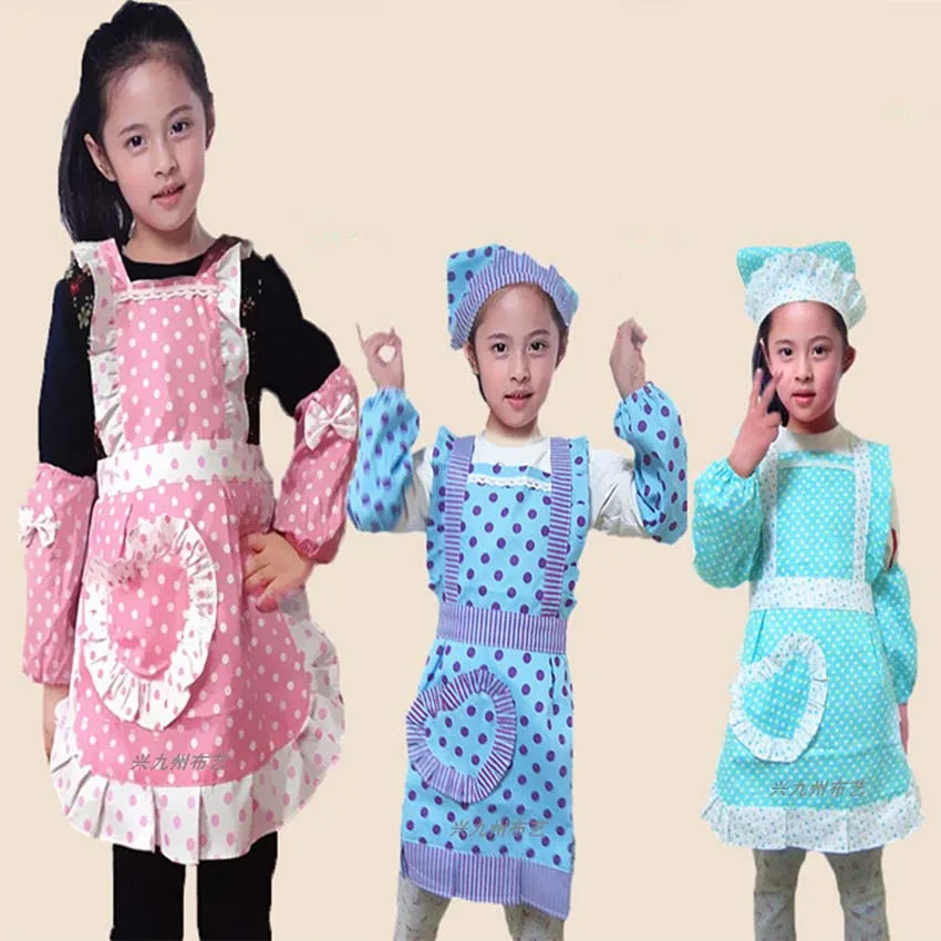 

Children Baby Kids Apron Sleeves Hat Set Big Pocket Kitchen Baking Painting Cooking Craft Art Bib Apron S M L Print Logo