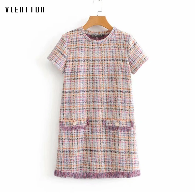 

2019 New Vintage Tweed Women Dress Short sleeve Tassel Elegant Party Dress Spring summer Plaid A-Line Mini Dress Women Vestidos
