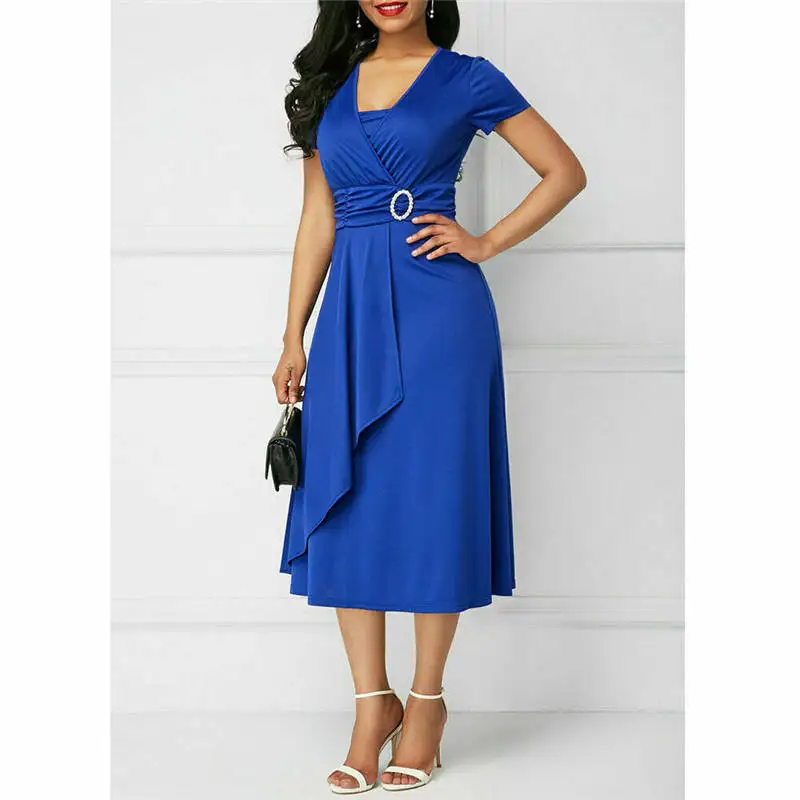 

S-5XL Summer Fashion Solid Asymmetric Hem Midi Dress 2019 Office Lady Elegant Dresses