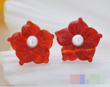 

Hot sell Noble- hot sell new - free shipping 00400 Hand Carved red agate flower pearl stud earring